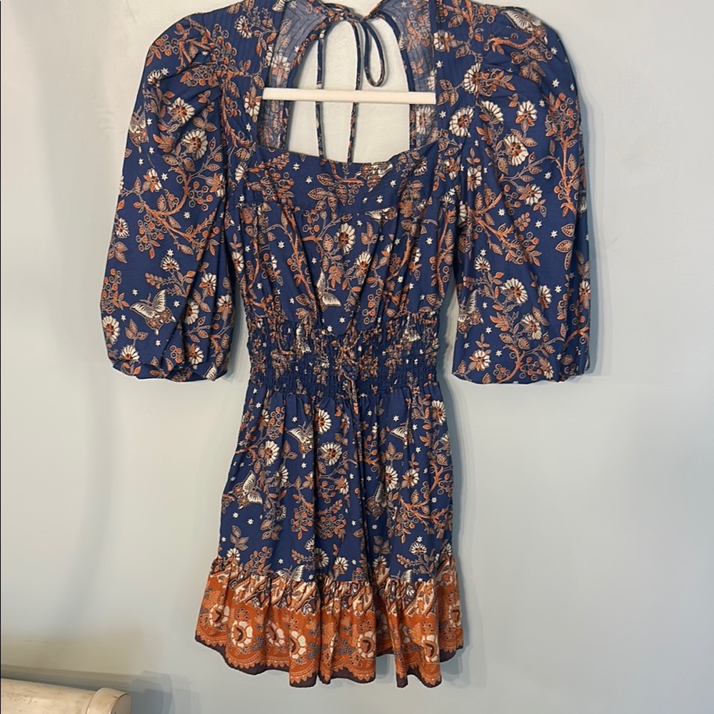 House of Harlow 1960 Blue and Orange Puff Sleeve Sundress